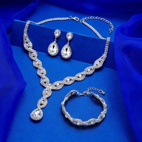 Vista 3 de Juego de 34 piezas de joyería de boda para mujeres y niñas disfraz de noche joyería brillante con diamantes de imitación corona de lágrima collar