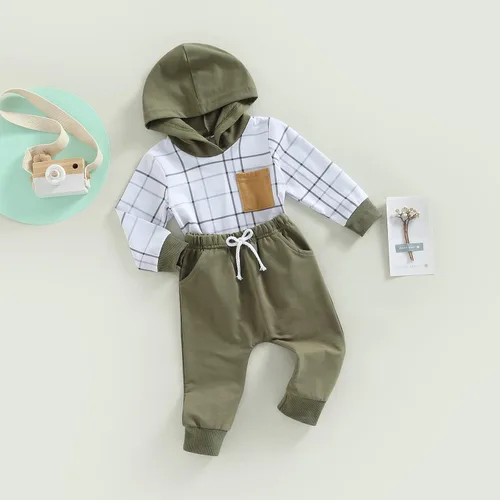 Vista 46 de Ropa de bebé niño 3 6 9 12 18 24M 3T Conjunto de pantalones con capucha patchwork sudadera con capucha pantalones de rayas traje de otoño invierno