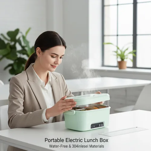 Vista 4 de Fiambrera eléctrica inalámbrica, lonchera calentada de 1.5 L con batería de 7800 mAh, calentador de alimentos portátil verde para oficina