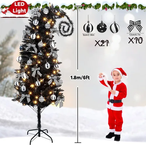 Vista 2 de 32 piezas de árbol de Navidad caprichoso de 6 pies con bola de adorno Negro
