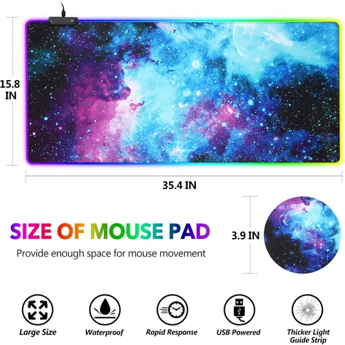 Vista 7 de AIMSA - Alfombrilla de mouse para juegos RGB extendida base de goma antideslizante con 14 modos de iluminación alfombrilla de teclado de computadora