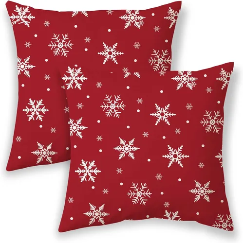 Vista 33 de Fundas de almohada de Navidad de 16 x 16 pulgadas, almohadas decorativas de Navidad con copos de nieve dorados, blancos y rojos para sofá, fundas