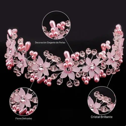 Vista 3 de CURASA Diadema de perlas rosas de cristal para niña, corona de princesa para cumpleaños, primera comunión