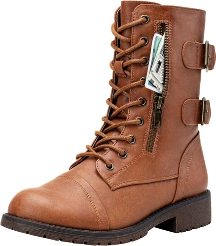 Vista 17 de Vepose Botas de combate para mujer, tacón bajo, botas militares a media pantorrilla con bolsillo para tarjetero, cuchillo y cartera