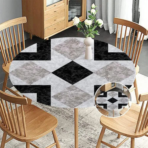 Vista 2 de Mantel redondo ajustable de mármol, diseño regular de piedra nostálgica, borde elástico, impermeable y lavable, apto para mesa de 24 pulgadas