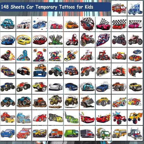 Vista 2 de CHARLENT 148 tatuajes temporales de autos de carreras y camión monstruo para niños, tatuajes individuales de automóvil GoKart para niños, regalos