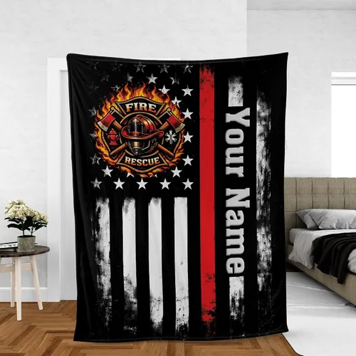Vista 4 de Manta de bombero personalizada, regalo de línea fina roja con nombre personalizado, manta patriótica de bombero para hombres, idea del día