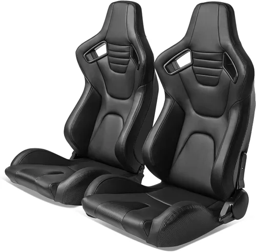 Vista 44 de IKON MOTORSPORTS, Asiento universal de carreras PU + cuero de carbono + gamuza, con deslizadores dobles, asiento deportivo reclinable negro