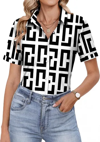 Vista 9 de HOTOUCH Camisas con botones para mujer, camisas de vestir de manga corta, blusas casuales de negocios, blusa de trabajo de oficina