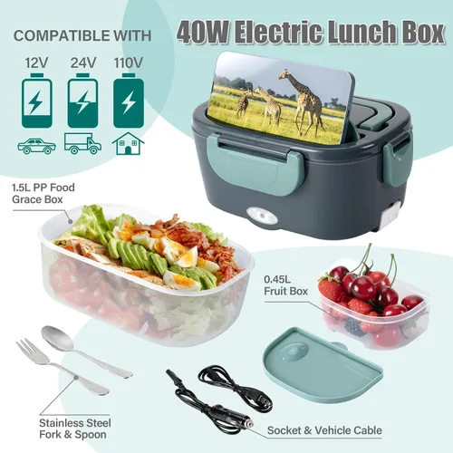 Vista 4 de Fiambrera eléctrica para adultos, 1.5L de gran capacidad de calefacción Bento, lonchera portátil para oficina, coche y camión