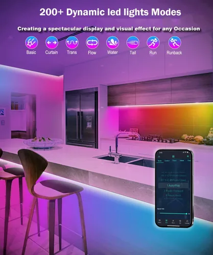Vista 4 de Tira de luces LED para dormitorio de 33 pies, luces LED IC-RGB para habitación con control remoto de aplicación Bluetooth, tira de luz LED USB