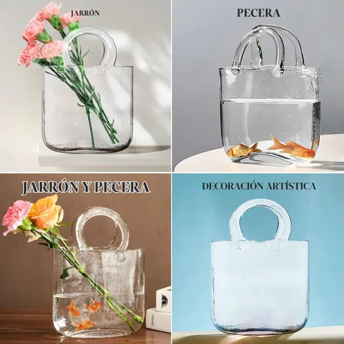 Vista 4 de Jarrones de vidrio transparente en forma de bolso, jarrones únicos de vidrio transparente con asa y diseño de burbujas, jarrones de flores de arte