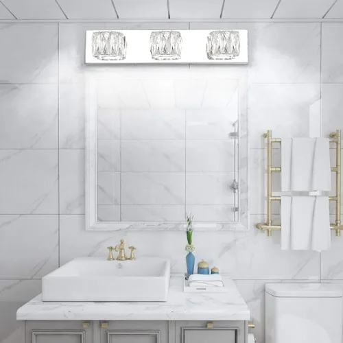 Vista 2 de Aipsun 3 luces de cristal para tocador sobre espejo, modernas luces LED para tocador de baño, accesorios de iluminación (luces blancas)