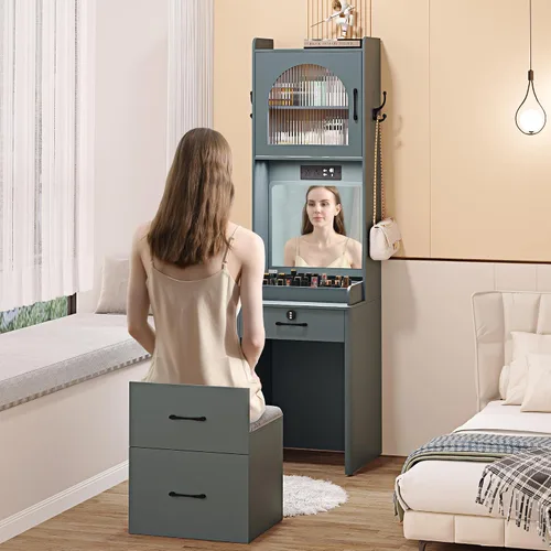 Vista 3 de Escritorio pequeño con espejo y luces, mesa de maquillaje gris con cajones para espacios pequeños, juego de tocador compacto de esquina mini