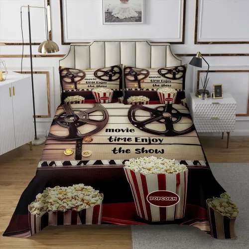 Vista 2 de Homewish Theater Cinema Poster Quilt Sets Twin Size,Retro Movie Bedspread Coverlet 2Pcs for Kids Girls Boys Room Decor,Popcorn Quilts Set Movie