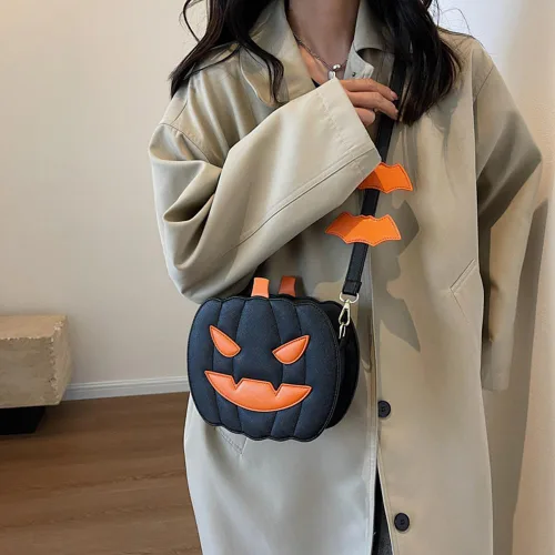 Vista 3 de Bolso cruzado de calabaza de Halloween para mujer, novedoso bolso de calabaza, bolso de hombro de diablo de Halloween, divertido bolso cruzado
