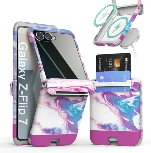 Vista 45 de para Galaxy Z Flip 5 Funda con 2 ranuras para tarjetas, funda rígida delgada y resistente con protección de bisagra, funda completa con protección