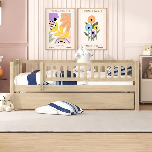 Vista 16 de Cama de plataforma para niños de tamaño individual con valla de seguridad con nido, plataforma multifuncional de madera maciza, marco de cama