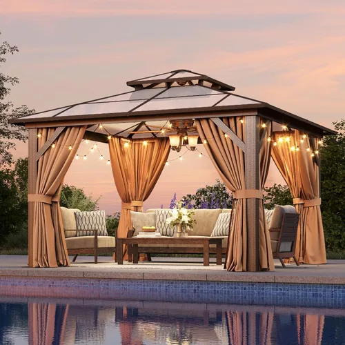 Vista 16 de Aoxun 10'x10' Outdoor Gazebo with Polycarbonate Roof Khaki Single Roof Caqui