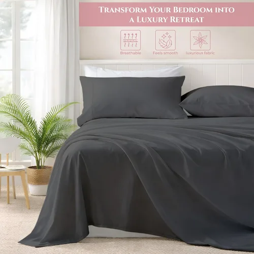 Vista 3 de Sábanas de cama tamaño individual XL, juego de sábanas de 100% algodón egipcio suave de fibra larga, juego de 4 piezas con bolsillo profundo de Gris