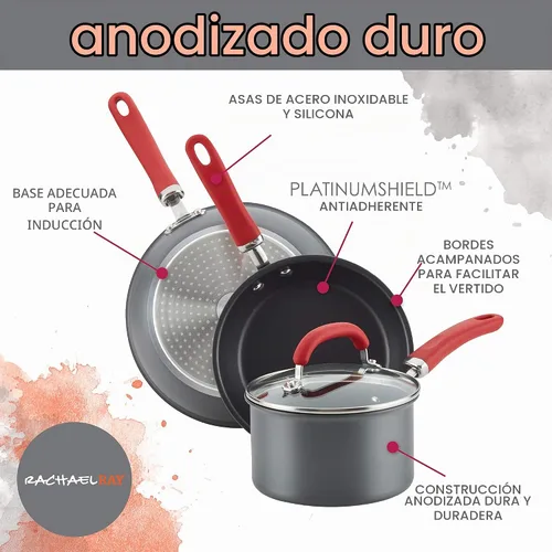 Vista 5 de Rachael Ray Create Delicious - Juego de sartenes antiadherentes anodizadas duras / juego de sartenes - 9.5 pulgadas y 11.75 pulgadas, gris Mango rojo