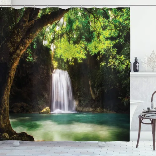 Vista 11 de Ambesonne Decor Collection, juego de cortina con ganchos para regadera Negro Verde
