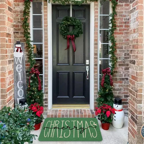Vista 7 de Roszwtit Felpudo de Puerta Feliz Navidad 30 X 17 Pulgadas Felpudo Verde Navideño Interior Exterior Entrada Alfombra Antideslizante Decoración