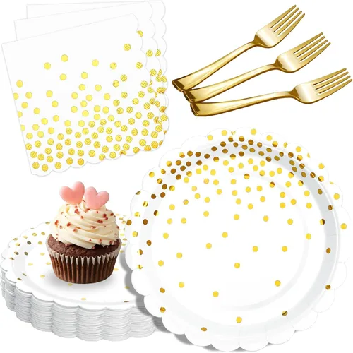 Vista 9 de 175 piezas de decoración de fiesta verde y dorada - Suministros de fiesta con platos y servilletas verdes - Platos de papel festoneados