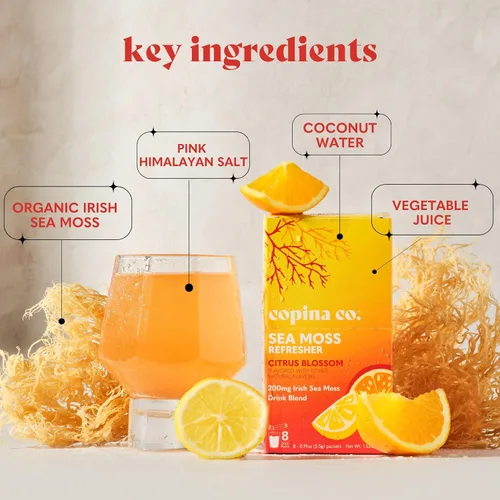 Vista 5 de Copina Co. Refrescante orgánico de musgo marino irlandés para la salud intestinal y el apoyo inmunológico 200 mg Sabor a flor de cítricos