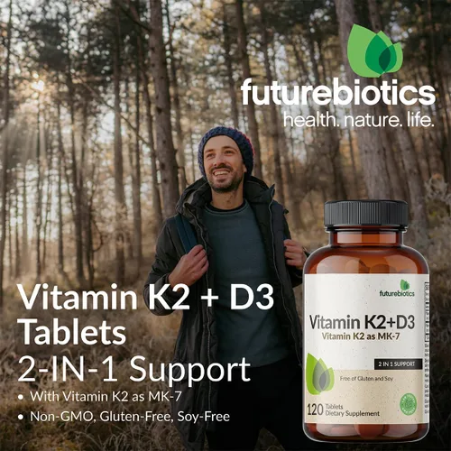 Vista 3 de Futurebiotics Vitamina K2 con D3, soporte 2 en 1, 5000 UI de vitamina D3 y 90 mcg de vitamina K2 MK-7 sin OMG, 120 tabletas