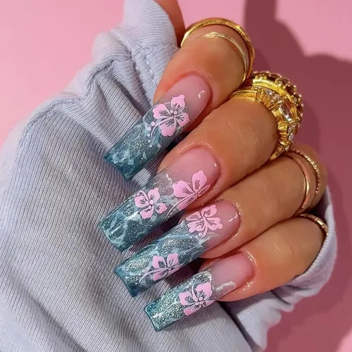 Vista 23 de MISUD Uñas a presión – Uñas cuadradas largas con pegamento rosa y negro, acrílico Y2K diseño de dijes de 24 piezas