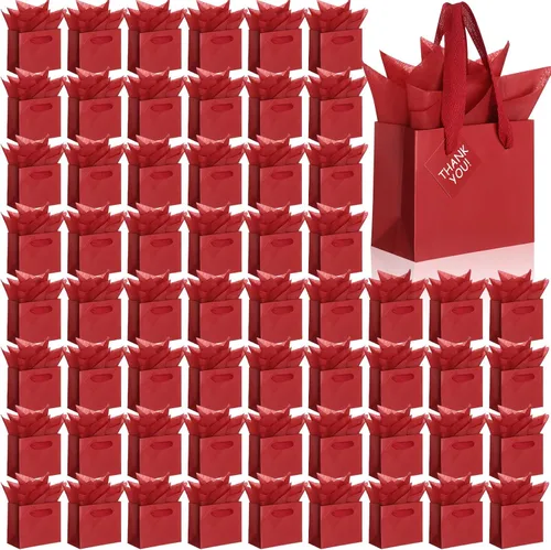 Vista 18 de Qilery 50 bolsas de regalo de papel de boda a granel con papel de seda, pequeñas bolsas de regalo con asa y etiquetas para cumpleaños, bodas
