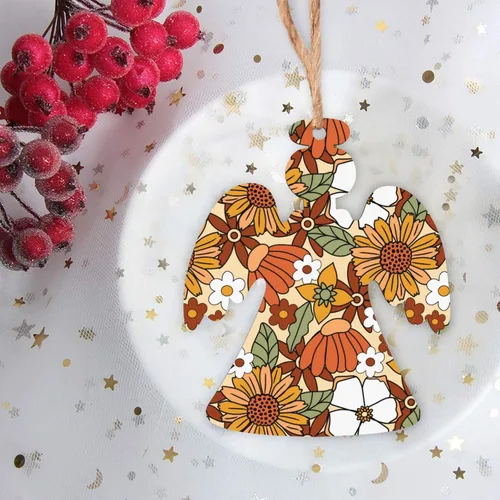 Vista 3 de Adornos de Navidad de madera con flores florales retro de los años 70 con cordeles, decoraciones colgantes con formas de ángel, adornos de rebanadas