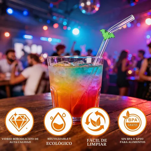 Vista 3 de Pajitas de cristal hechas a mano con dije de murciélago – Pajitas de borosilicato dobladas reutilizables de 9 pulgadas para vasos de 16 oz/20 onzas