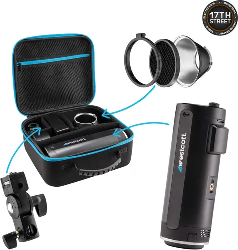 Vista 5 de Westcott FJ200 - Luz estroboscópica de bolsillo de cabeza redonda con tarjeta de memoria de 64 GB para video 4K y Westcott ProGrip2 soporte