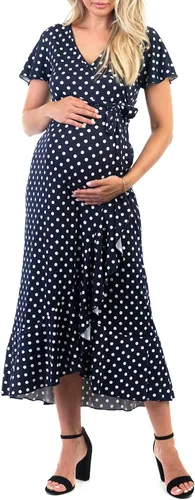 Vista 8 de Mother Bee Maternity Vestido de volantes de manga mariposa con cinturón ajustable Dkdenim