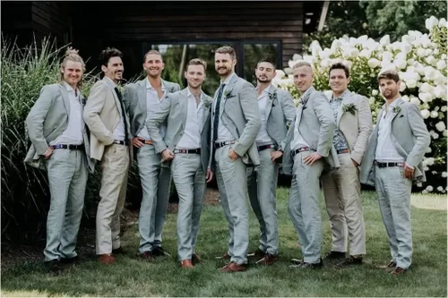 Vista 3 de SHUZHXLZANGY Trajes de lino de 2 piezas para hombre, trajes de boda, ajuste delgado, verano, negocios, casual, trajes para hombres