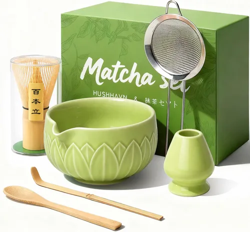 Vista 14 de Juego de batidor Matcha con cuenco de cerámica y cazador de bambú hoja azul