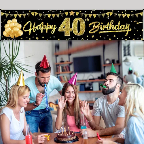 Vista 5 de Cartel decorativo de cumpleaños número 40 para hombres y mujeres, suministros de fiesta de letrero negro y dorado de 40 años, decoración de fiesta