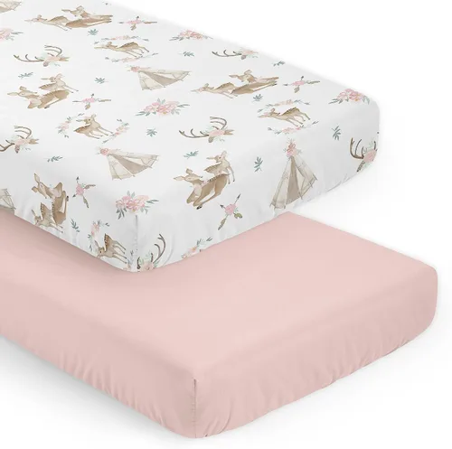 Vista 8 de Sweet Jojo Designs Juego de sábanas de moisés de bebé de 2 piezas (diseño floral de conejito del bosque) para niñas, colchón ovalado, rectangular