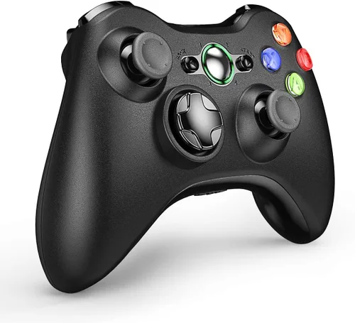 Vista 2 de VOYEE Controlador inalámbrico con receptor compatible con Microsoft Xbox 360SlimWindows 111087 con joystick mejoradochoque dual negro