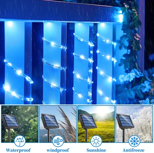 Vista 3 de ANJAYLIA Cuerda de luces solares de 33 pies con 100 luces LED para exteriores, impermeable, funciona con energía solar con 8 modos para exteriores