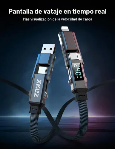 Vista 3 de XKCZ Cable USB C 4 en 1 con pantalla de potencia, cable de carga múltiple trenzado de nailon plano de 240 W con sincronización de datos, cable