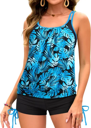 Vista 20 de Holipick Trajes de baño tankini de dos piezas con control abdominal, top de baño tipo blusa con shorts estilo boy shorts Verde Aqua