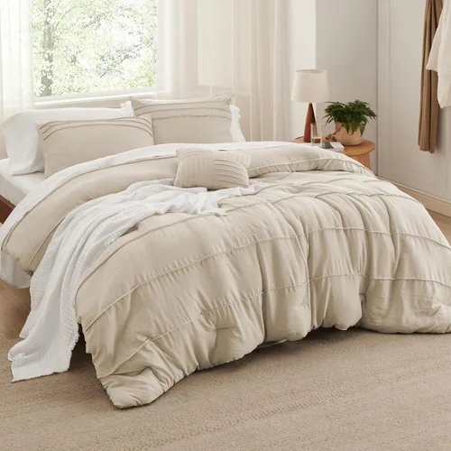 Vista 13 de Bedsure - Juego de edredón individual de 3 piezas, beige bohemio, plisado
