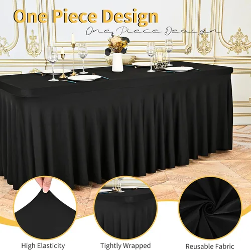 Vista 3 de 2 Packs Black Spandex Table Clothes for 6 Foot Rectangle Tables, Wrinkle Resistant Fitted Tables Cover, Washable Stretch Table Skirts for Weddings