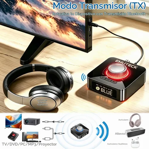 Vista 5 de Receptor transmisor Bluetooth 6.0 con pantalla, adaptador de audio Bluetooth 5 en 1 para TV, PC, altavoz de coche, auriculares, sistema
