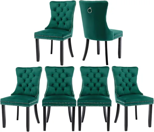 Vista 100 de Juego de 2 sillas de comedor de terciopelo, silla de comedor tapizada de alta gama con tirador de anillo en la espalda, adorno de clavos y patas