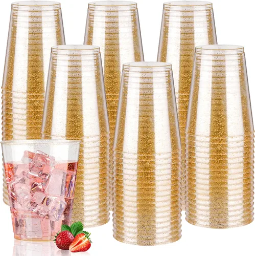 Vista 15 de Goodluck 50 vasos de plástico con purpurina dorada de 10 onzas, vasos desechables con purpurina, elegantes vasos de cóctel de plástico, vasos