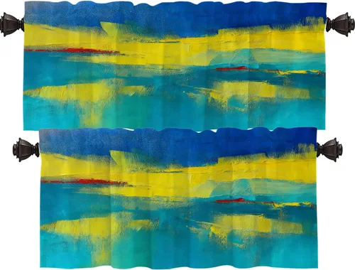 Vista 195 de Shrahala Beige and Orange Abstract Art Brushstrokes Blackout Curtain Tiers, Abstract Oil Paint Kitchen Valance Light Blocking Tier Drapes with Rod